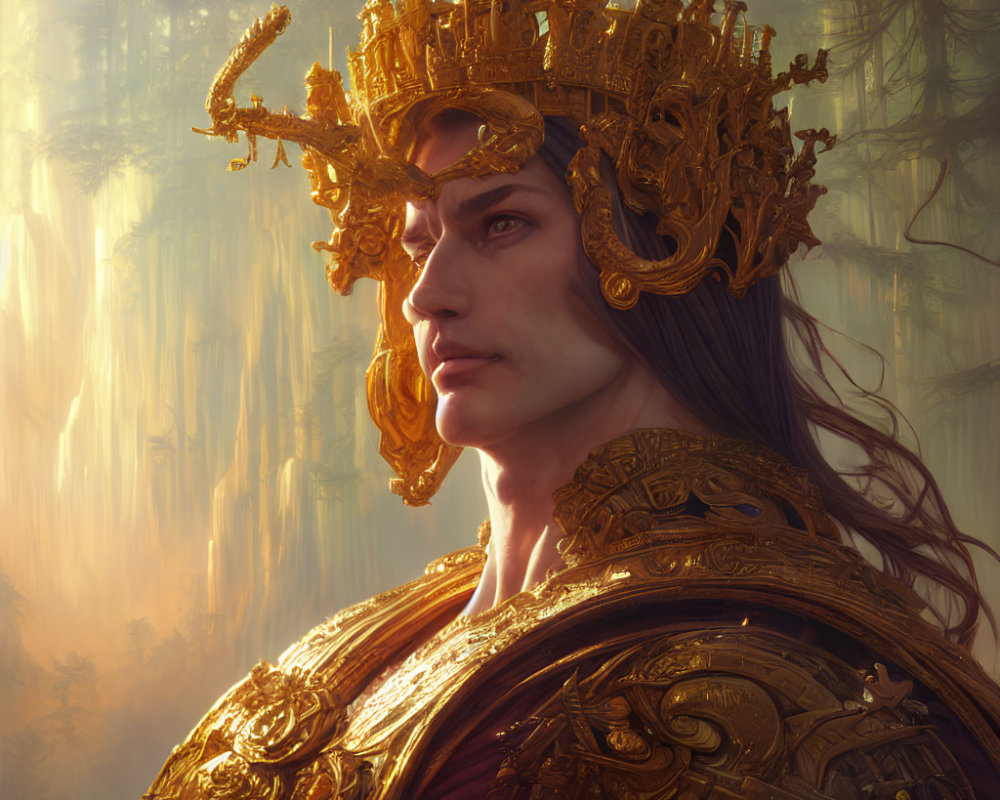 Regal figure in golden crown and armor in forest light