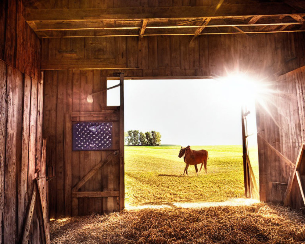 Rustic barn with American flag and lone cow in sunlit field