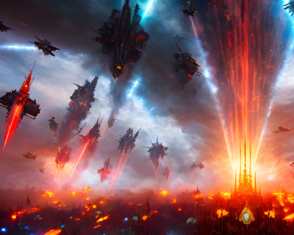 Futuristic sci-fi battle with spaceships, lasers, and fiery cityscape