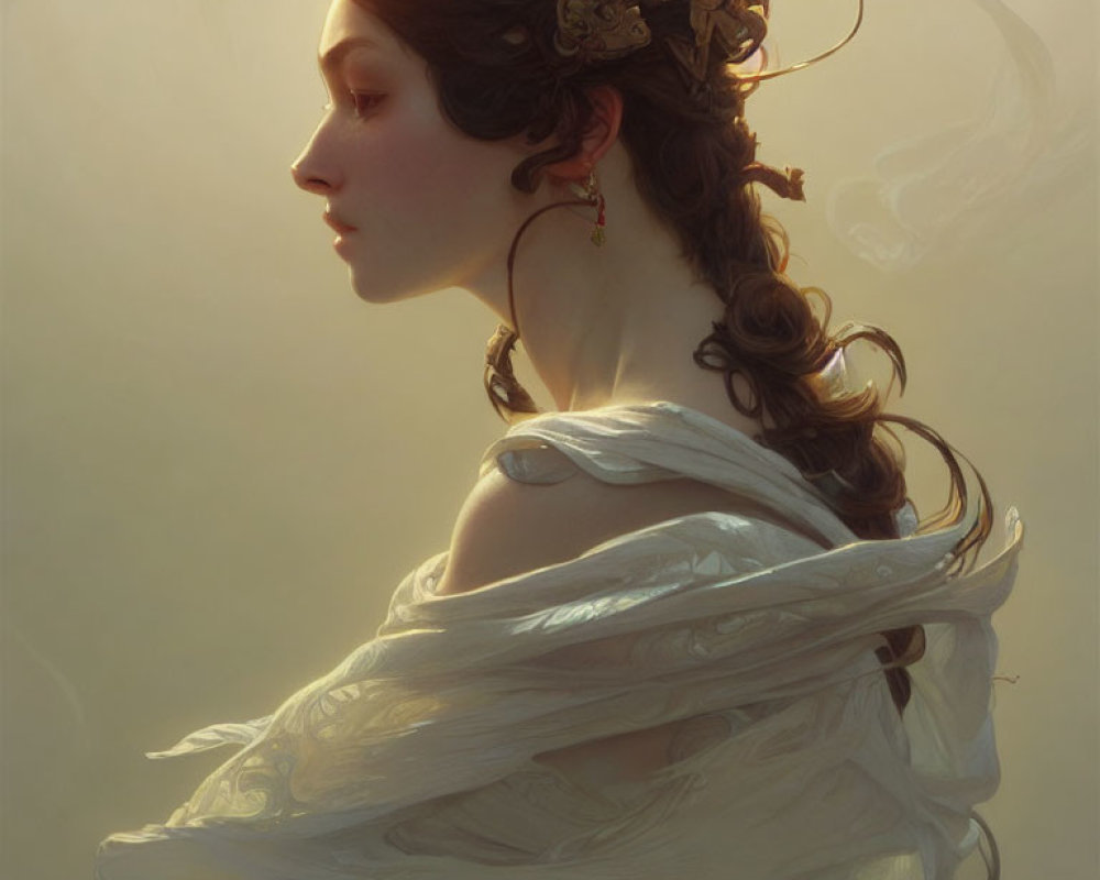 Ethereal woman with elaborate hair ornaments and flowing attire in soft, warm light