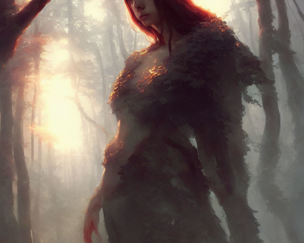 Woman in forest with sunlight, blending dress.