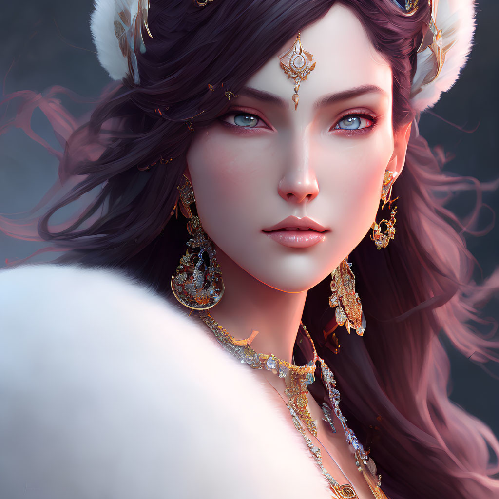 Fantasy digital artwork of woman with golden jewelry and blue eyes