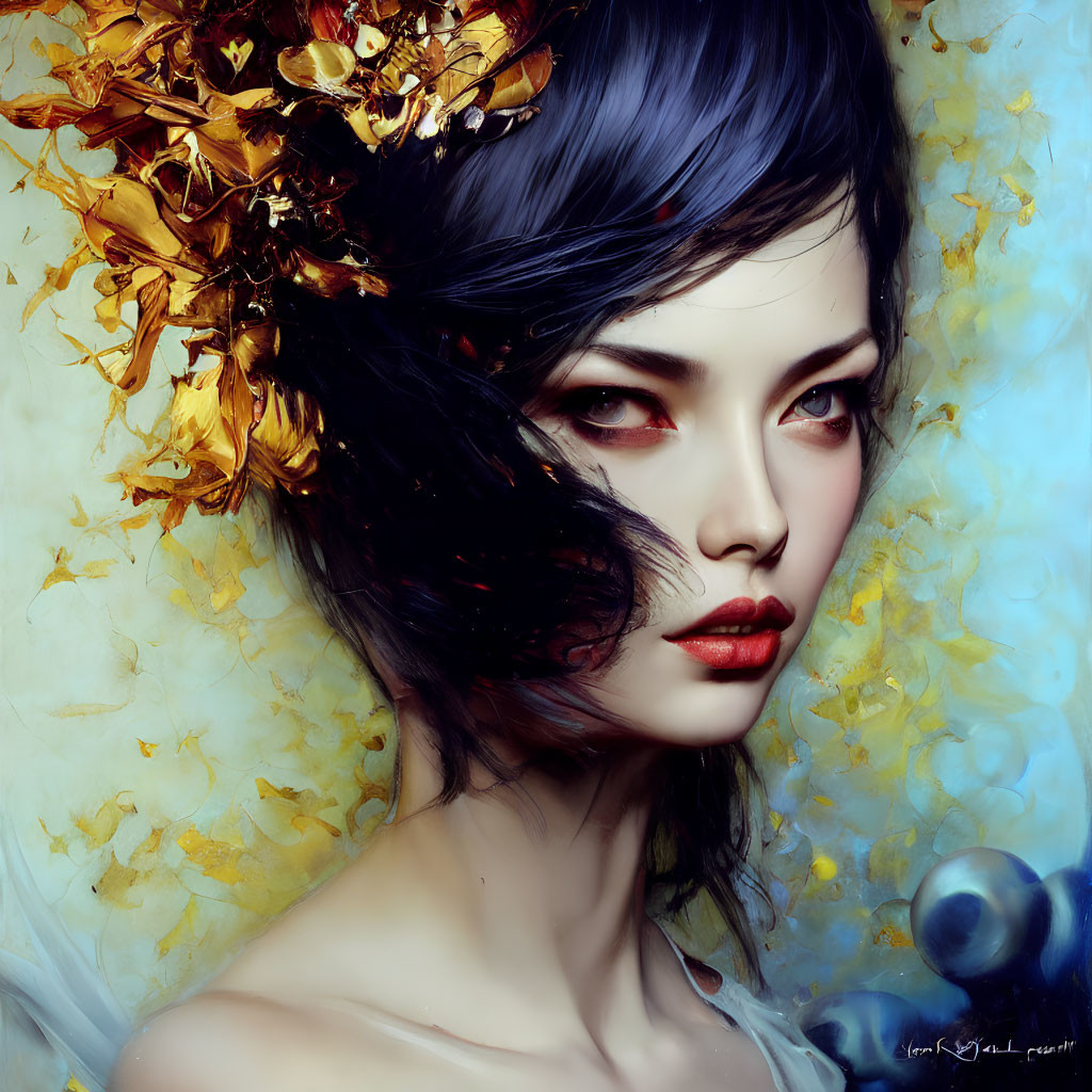 Digital painting of woman with red lips, dark hair, golden floral accents, mysterious gaze in blue &