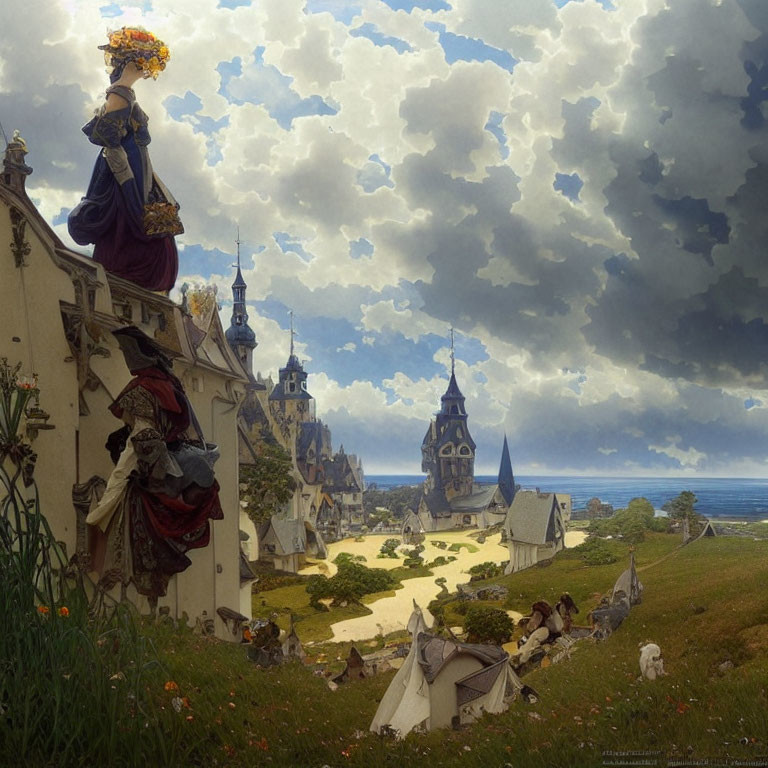 Fantastical landscape with whimsical village and medieval characters.