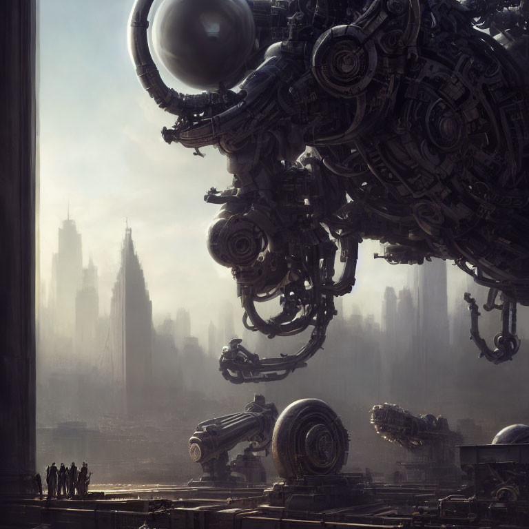 Gigantic robot overlooking futuristic city with tiny humans and advanced vehicles