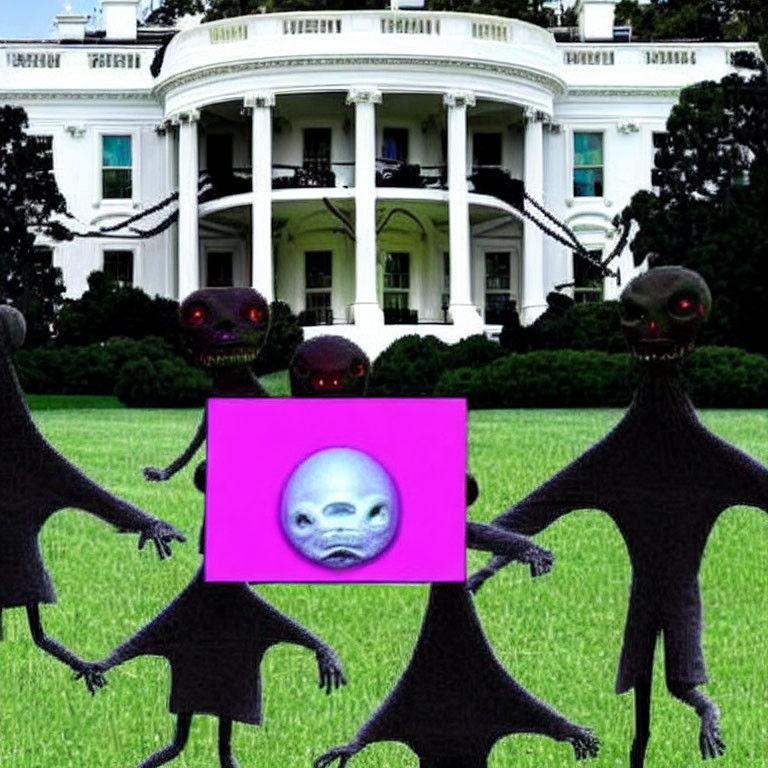 Image: White House backdrop with cartoonish aliens and pink square alien face