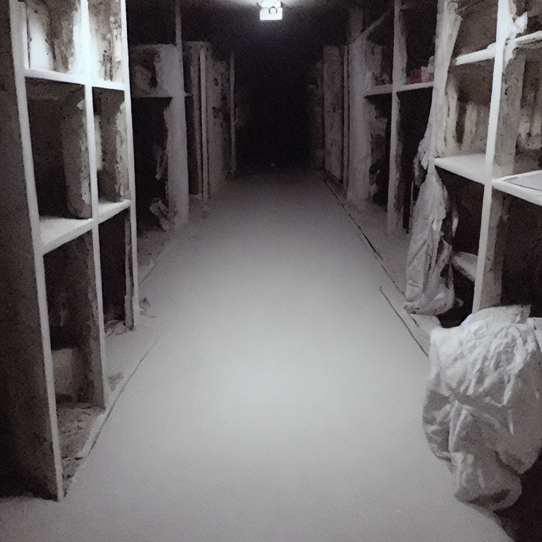 Eerie dimly lit corridor with empty shelves and spooky white object