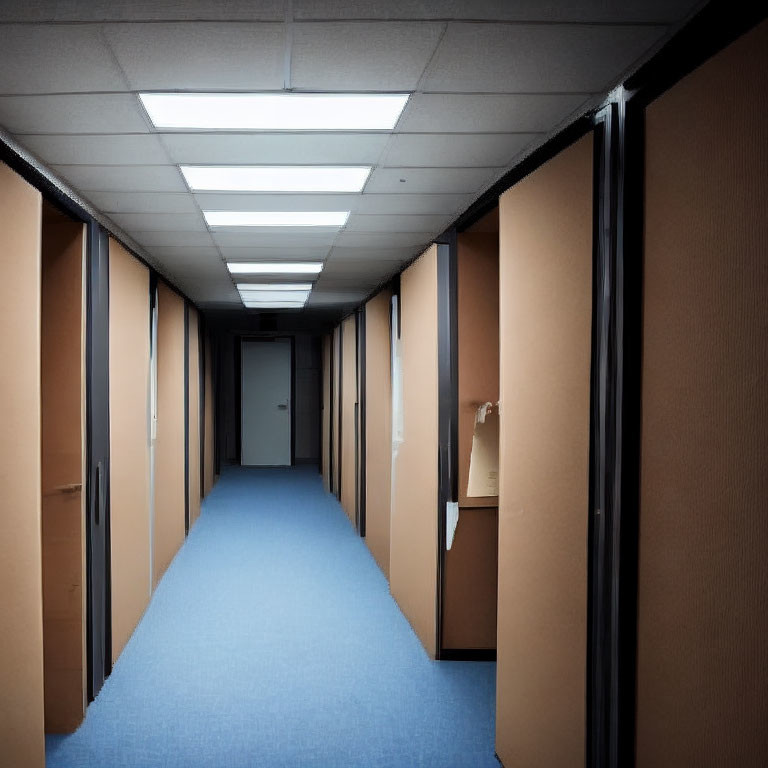 Narrow corridor with blue carpet, beige walls, closed doors, and fluorescent lighting