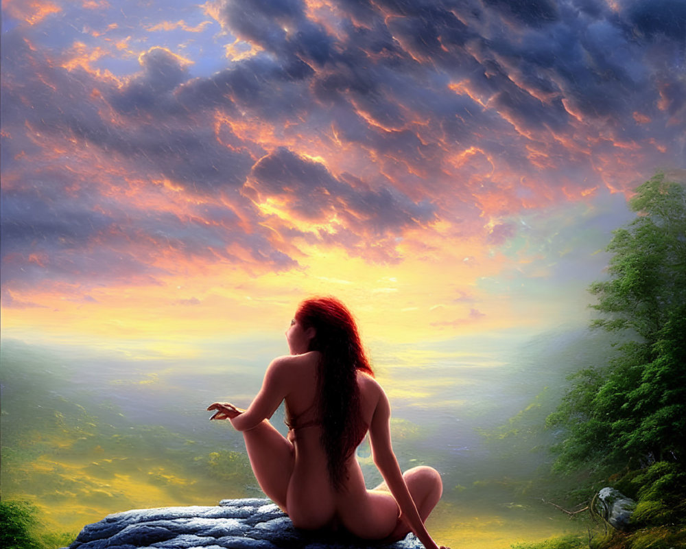 Red-haired person gazing at vibrant sunrise over lush landscape