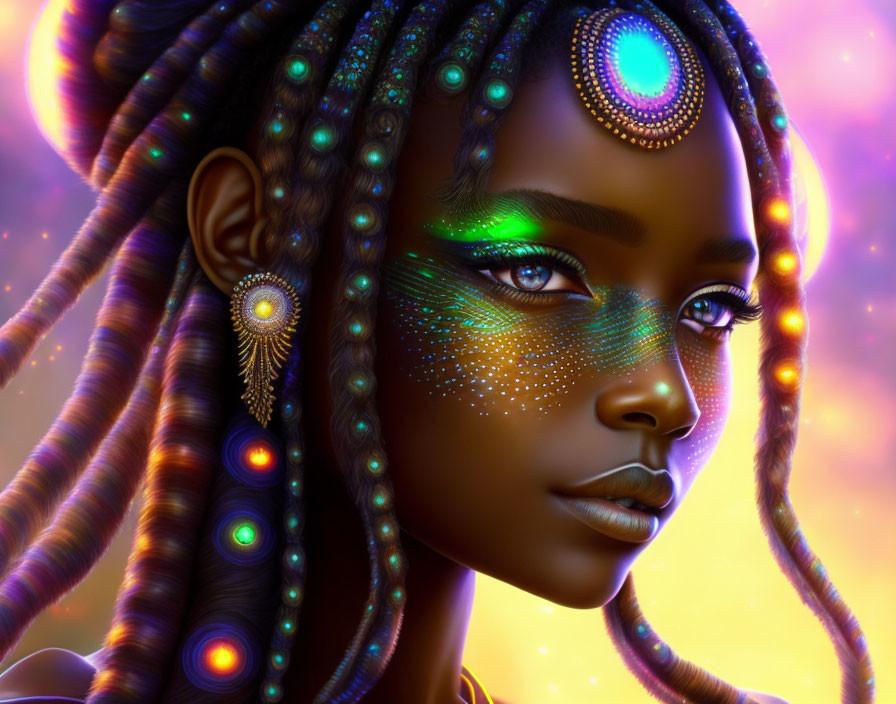 Vibrant digital portrait of a woman with luminescent makeup and jewelry
