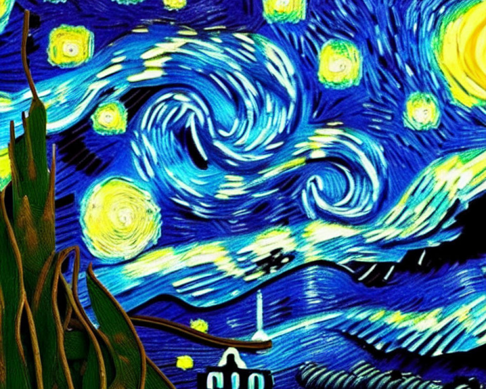 Colorful night sky painting with moon, stars, and sailboat village