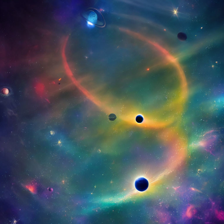 Colorful cosmic scene with planets, nebula, and galaxy in starry backdrop