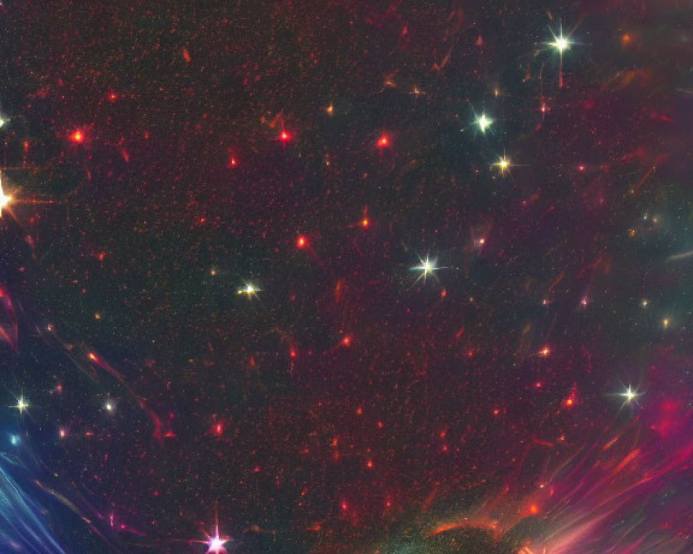 Dense Star Cluster Amid Red and Blue Nebula