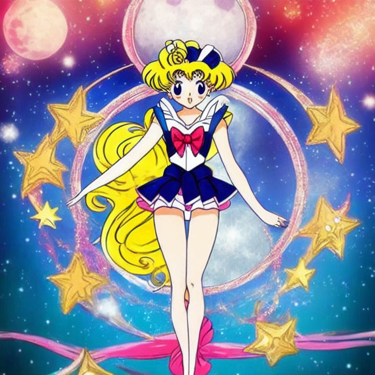 Blonde Hair Sailor Character Surrounded by Celestial Bodies