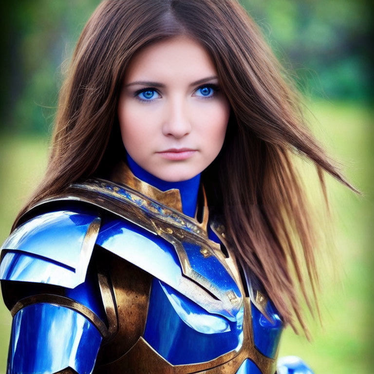 Woman in Blue and Gold Armor with Striking Blue Eyes and Long Brown Hair