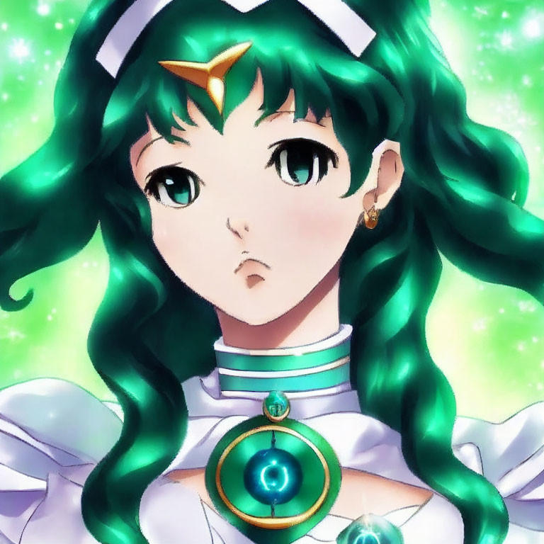 Anime-style female character with green hair and unique accessories