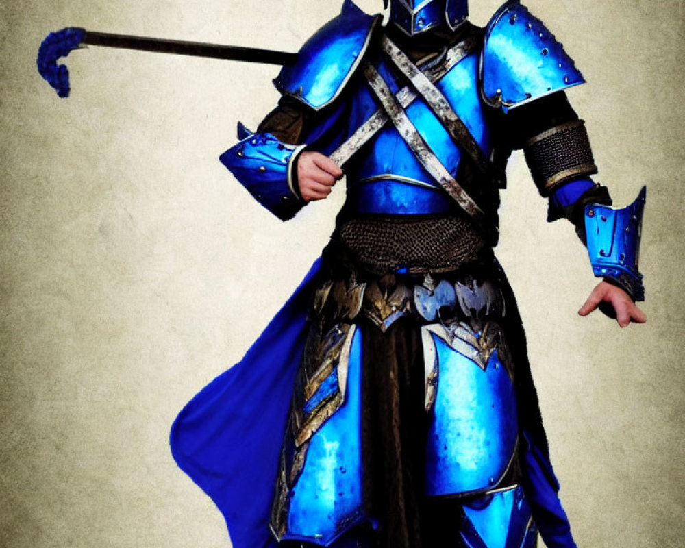 Ornate Blue Armor with Gold Accents and Pole Weapon on Beige Background