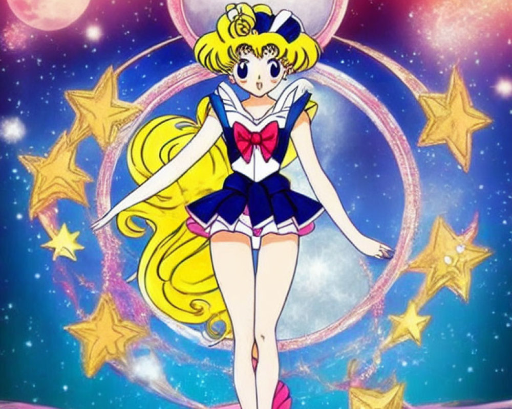 Blonde Hair Sailor Character Surrounded by Celestial Bodies