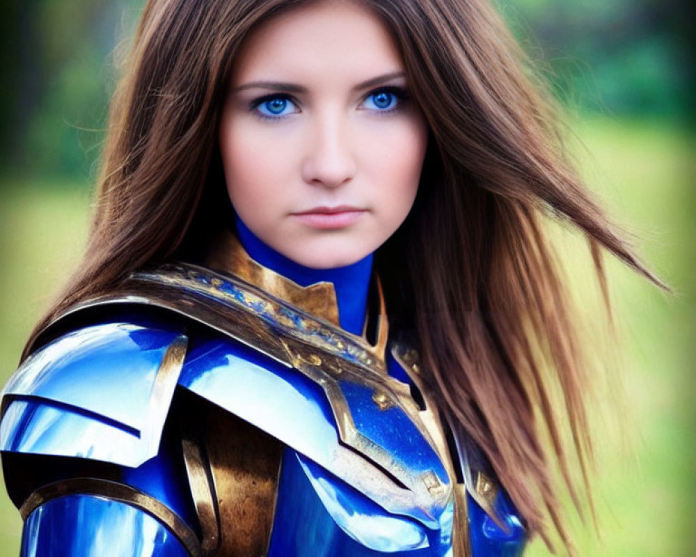 Woman in Blue and Gold Armor with Striking Blue Eyes and Long Brown Hair