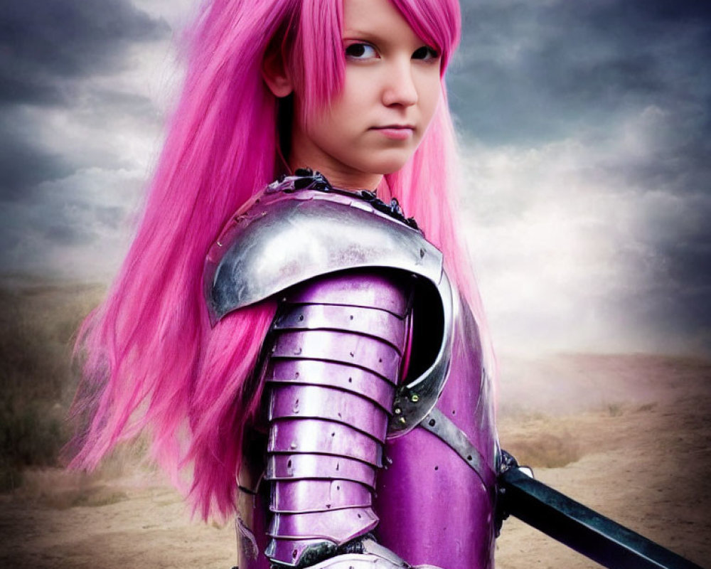 Person with Pink Hair in Purple Armor Wielding Sword in Desolate Landscape