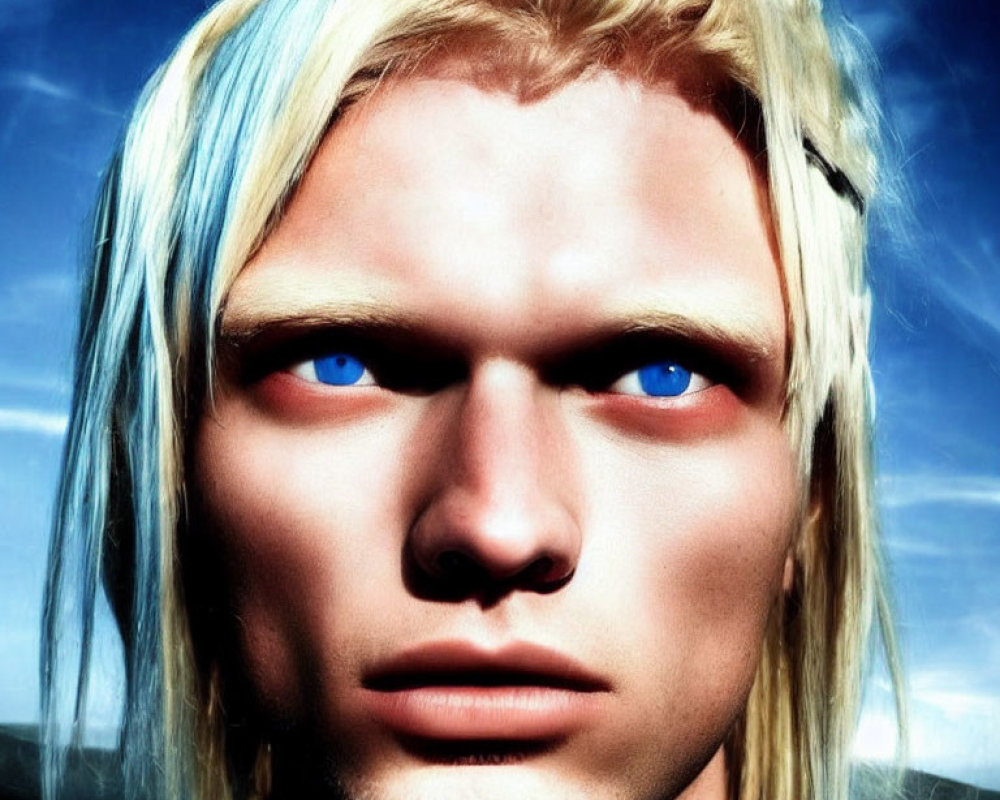 Portrait of a person with blue eyes and blond hair on a cloudy blue backdrop