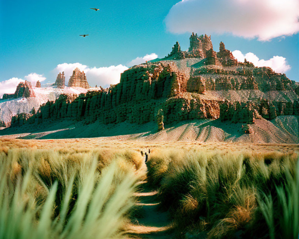 Desert landscape with rock formations, grassy path, birds, and clouds