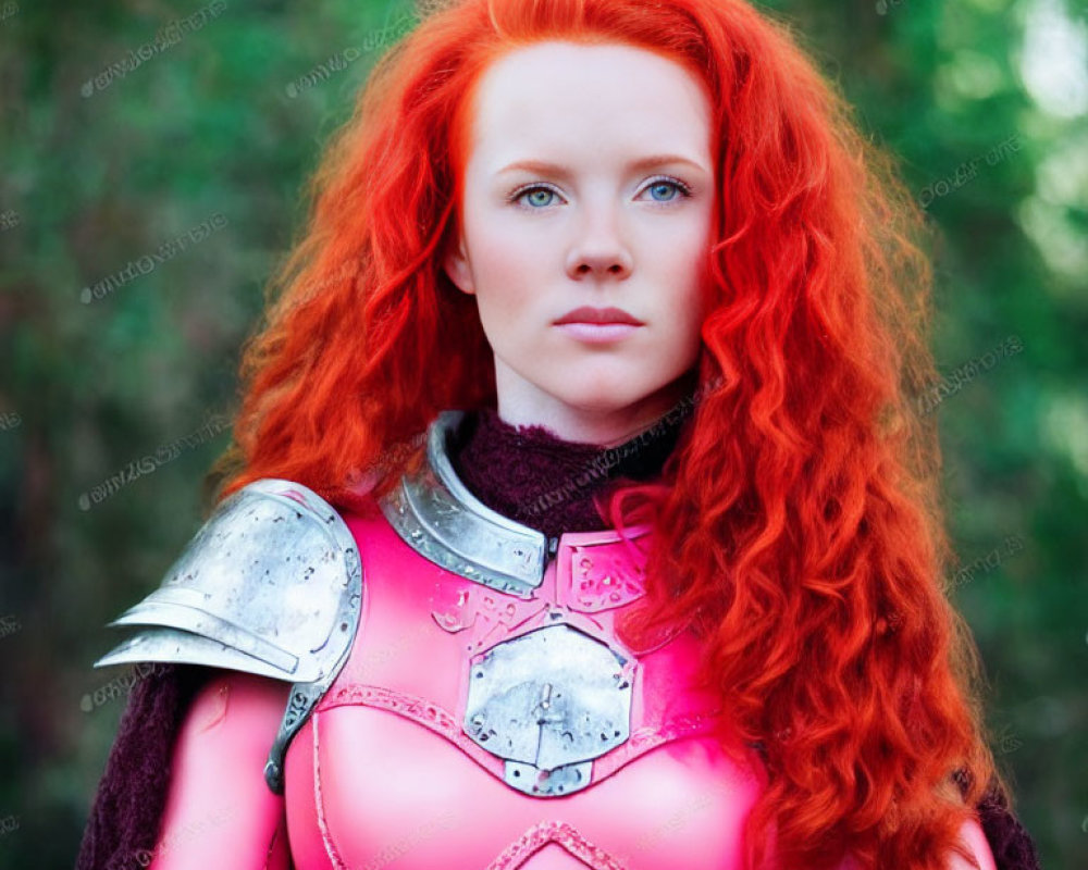 Vibrant red-haired woman in pink medieval armor with silver shoulder plates.