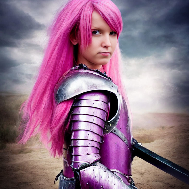 Person with Pink Hair in Purple Armor Wielding Sword in Desolate Landscape