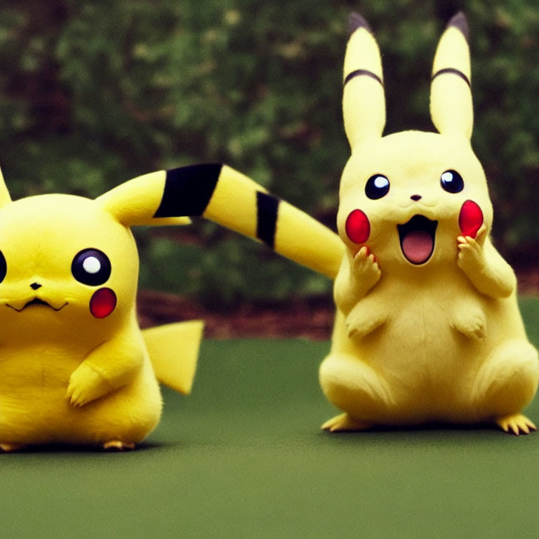 Two Pikachu Toys: One Standing Excitedly, One Sitting Beside