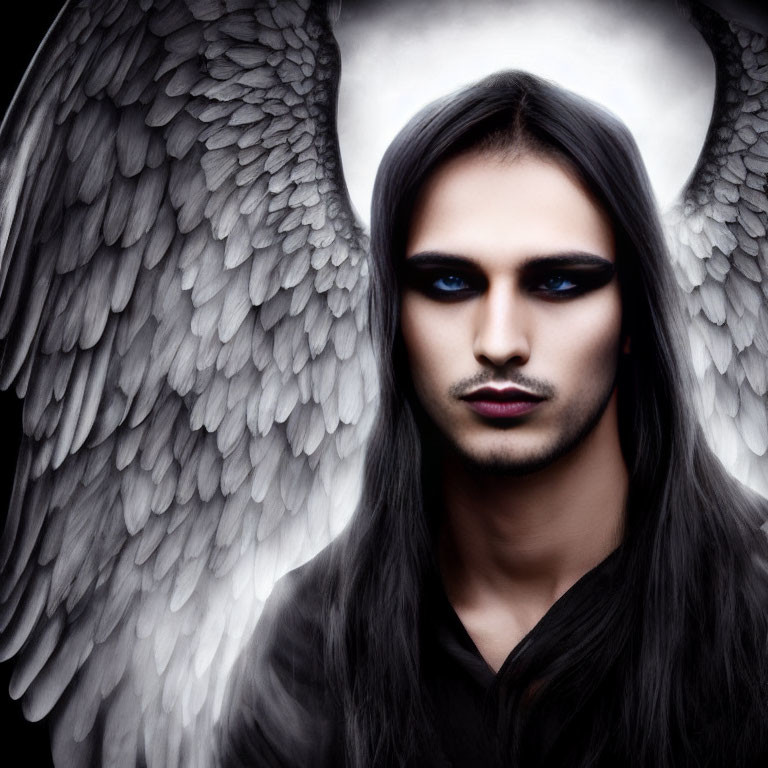 Dark-haired person with smoky makeup and angelic wings against smoky backdrop