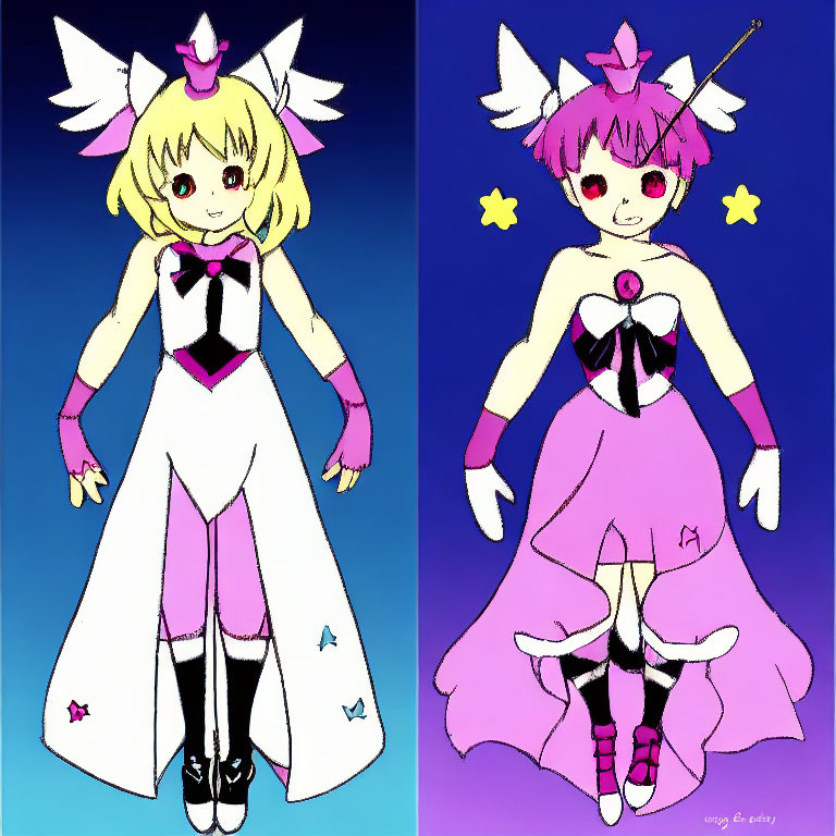 Illustrated character in white and pink suits with star motifs, bow, heart emblem, and crown.