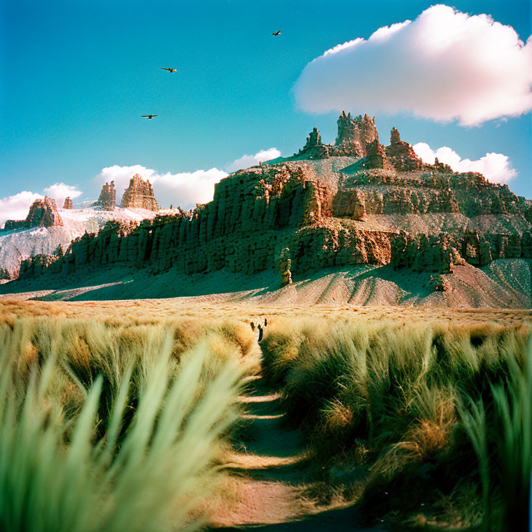 Desert landscape with rock formations, grassy path, birds, and clouds