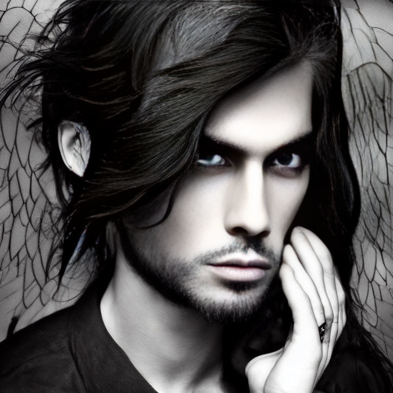 Man with Long Dark Hair and Intense Gaze Portrait on Cobweb Background