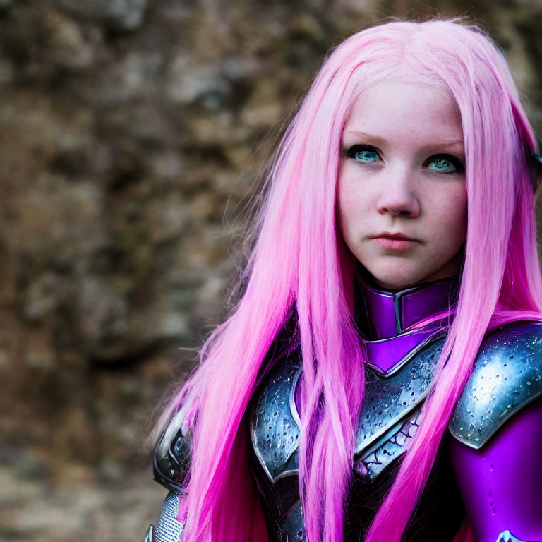 Person with Pink Hair and Green Eyes in Silver Armor Against Blurred Background