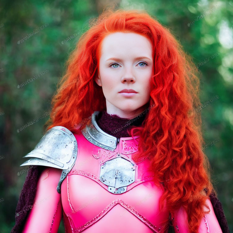 Vibrant red-haired woman in pink medieval armor with silver shoulder plates.