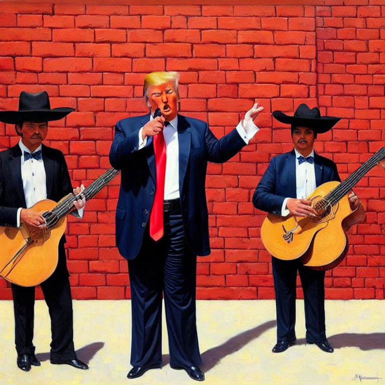 Man in Suit with Red Tie Caricature Standing by Brick Wall with Guitar Players