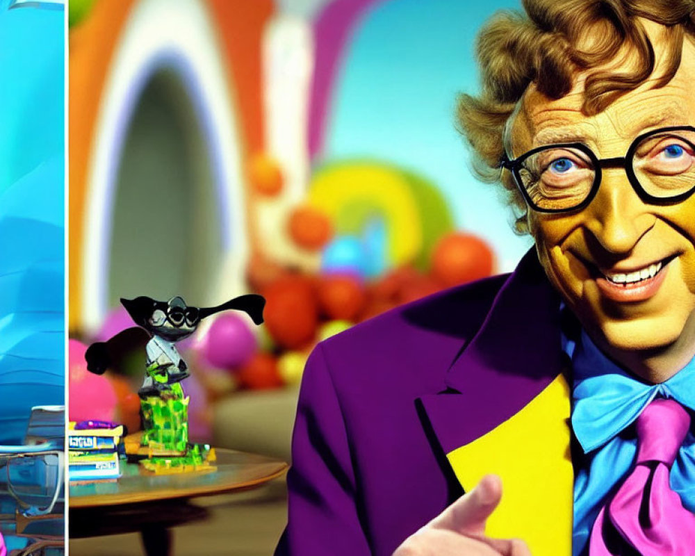 Colorful Man in Purple and Yellow Suit with Animated Mouse Character