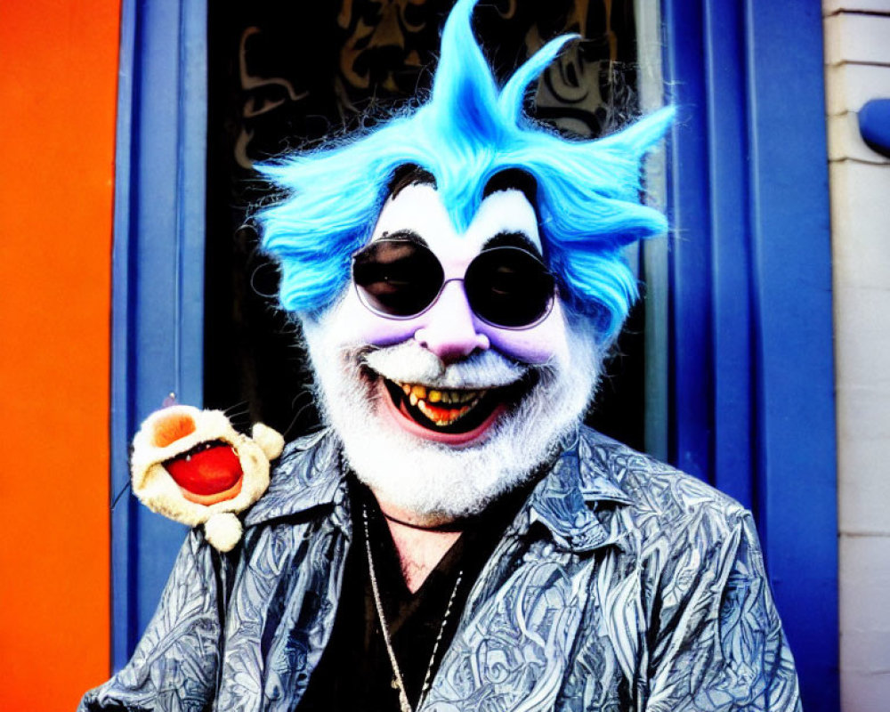Person with Blue Wig and Puppet Smiling by Blue Door