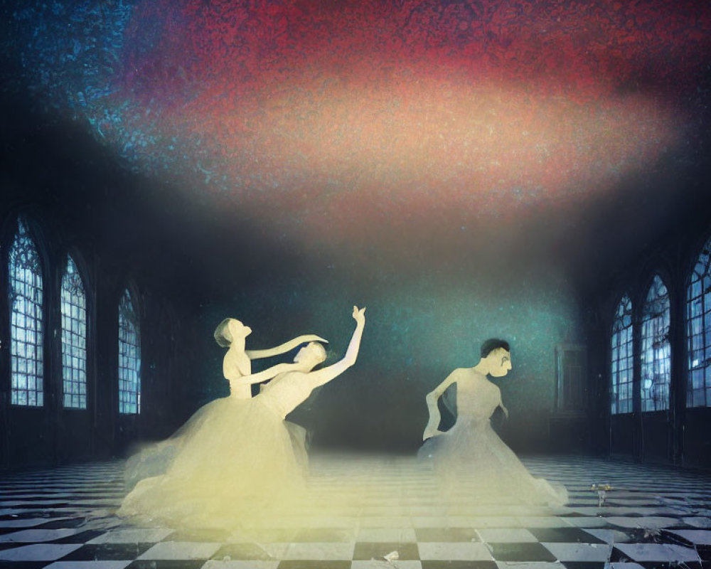 Ethereal dancers in grand hall with checkered floor