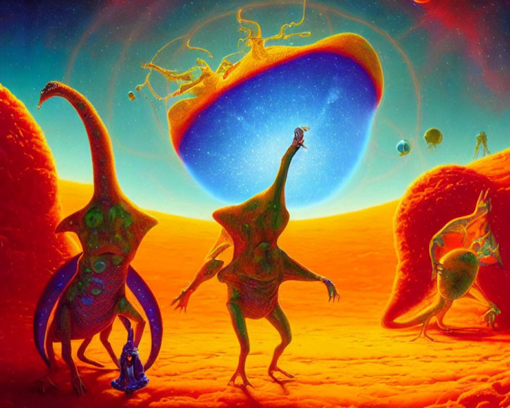 Alien creatures on red landscape with floating islands - Sci-fi illustration