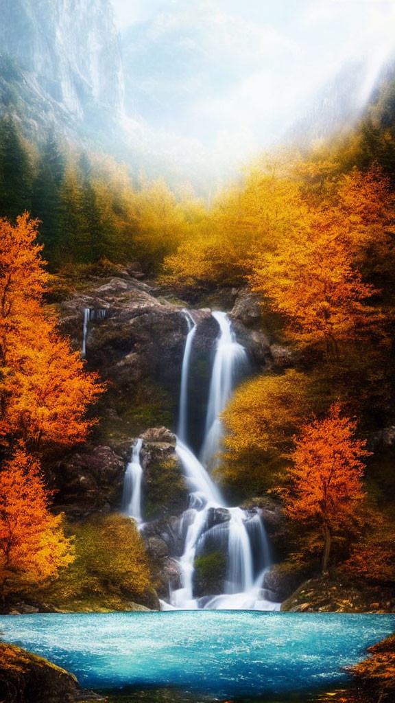 Autumn waterfall landscape with orange trees and misty mountains