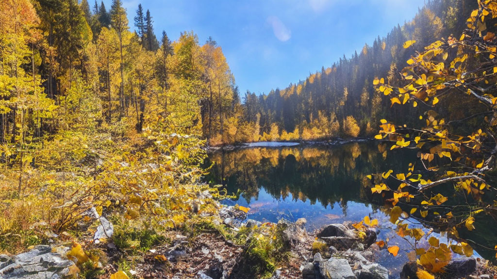 Autumnal mountain lake scene with colorful trees and clear blue sky