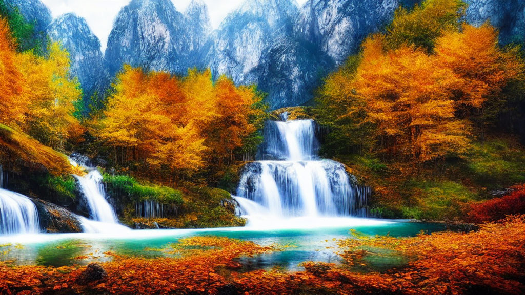 Scenic autumn forest with waterfall, turquoise pool, and mountain backdrop