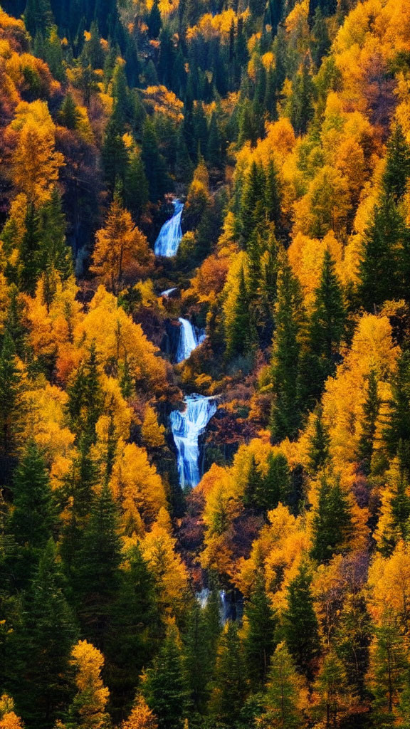 Autumn waterfall in dense forest with vibrant foliage
