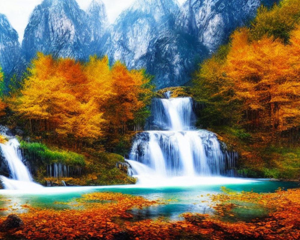 Scenic autumn forest with waterfall, turquoise pool, and mountain backdrop