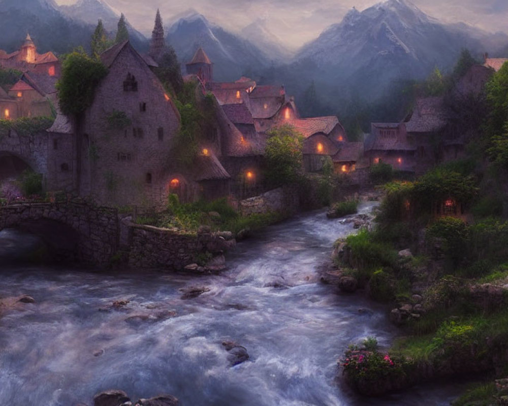 Twilight scene of old village with stone houses, river, mountains