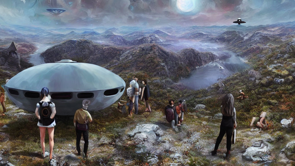 Group of people observing flying saucers in rugged landscape