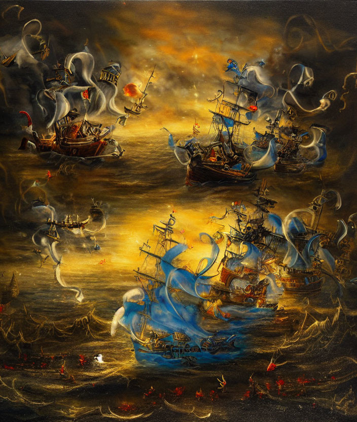 Surreal painting of ghostly sailing ships in fiery battle