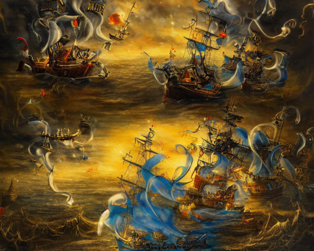 Surreal painting of ghostly sailing ships in fiery battle