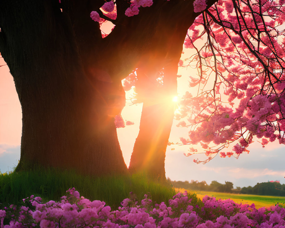 Vibrant spring landscape with sunset behind large tree and pink blossoms